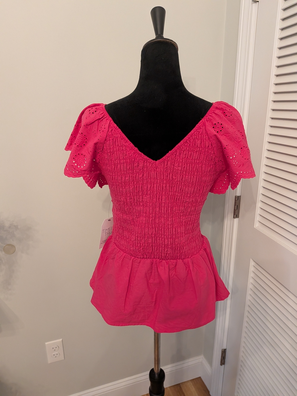 Pink Smocked Peplum Eyelet Sleeve Women's Top Size 8 - 10